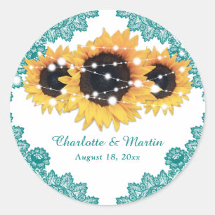 Elegant Teal Rustic Chic Sunflower Wedding Classic Round Sticker
