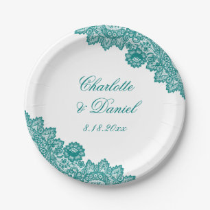 Elegant Teal Rustic Floral Lace Wedding Paper Plate