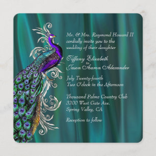 Elegant Teal Satin and Peacock Wedding Invitation
