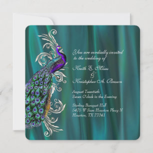 Elegant Teal Satin and Peacock Wedding Invitation