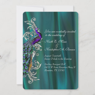 Elegant Teal Satin and Peacock Wedding Invitation