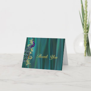 Elegant Teal Satin and Peacock Wedding Thank You Card