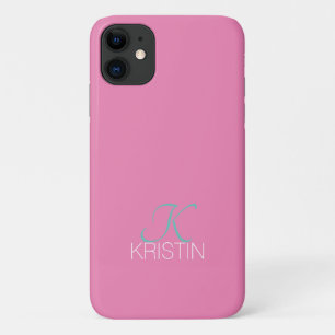 Elegant Teal Script Monogram & Name, Pink iPhone 11 Case