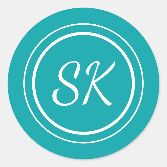 Elegant Teal Script Professional Monogram Business Classic Round Sticker (Front)