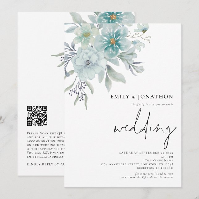 Elegant Teal Sea Mist Florals QR Code Wedding Invitation (Front/Back)