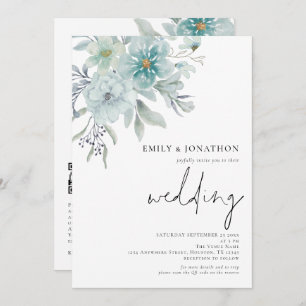 Elegant Teal Sea Mist Florals QR Code Wedding Invitation