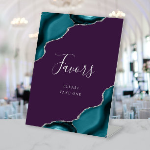 Elegant Teal Silver Agate Purple Wedding Favors Pedestal Sign