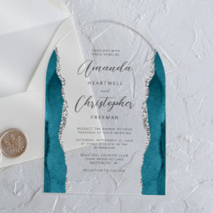 Elegant Teal Silver Agate Script Arch Wedding Acrylic Invitations