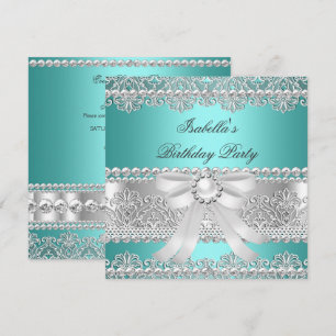 Elegant Teal Silver Diamond Pearl Birthday Party Invitation