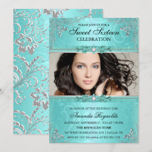 Elegant Teal & Silver Floral Sweet Sixteen Invite