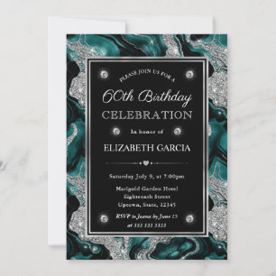 Elegant teal & Silver Glitter Agate 60th Birthday Invitation