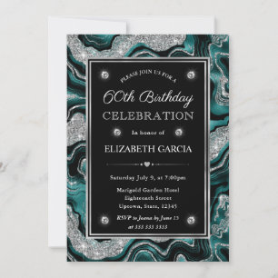 Elegant teal & Silver Glitter Agate 60th Birthday Invitation