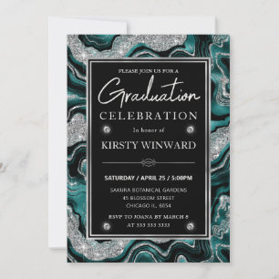 Elegant Teal & Silver Glitter Agate Graduation Invitation
