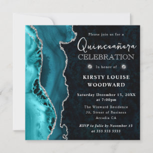 Elegant Teal Silver Glitter Agate Quinceanera Invitation