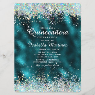 Elegant Teal Silver Glitter Quinceañera Invitation