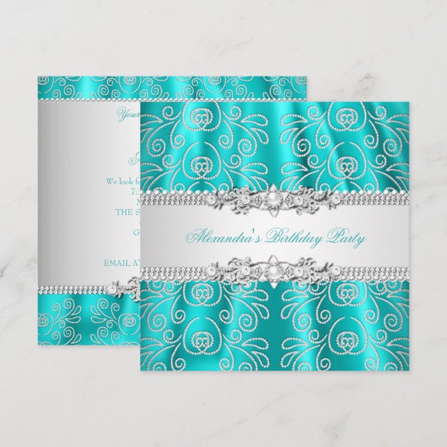 Elegant Teal Silver Lace Diamond Overlay Party Invitation (Front/Back)