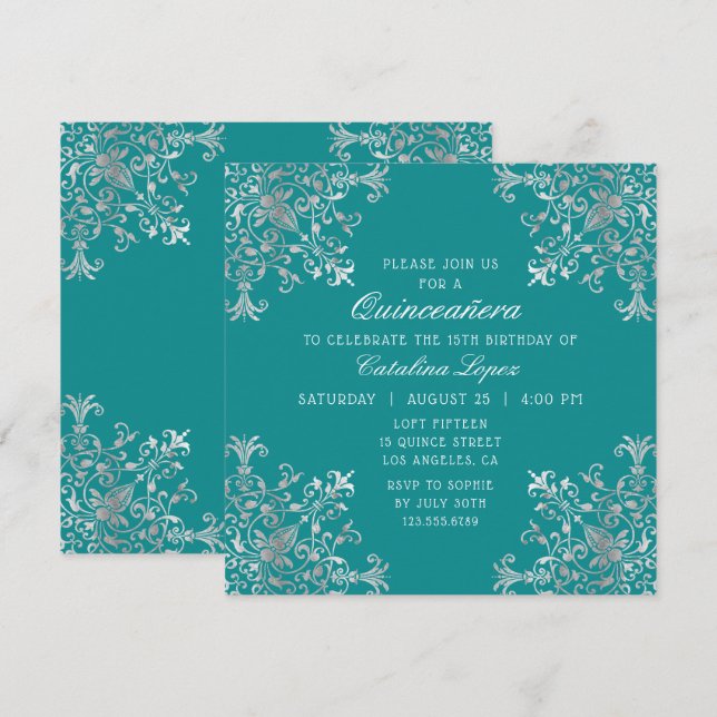 Elegant Teal Silver Ornate Floral Quinceañera Invitation (Front/Back)