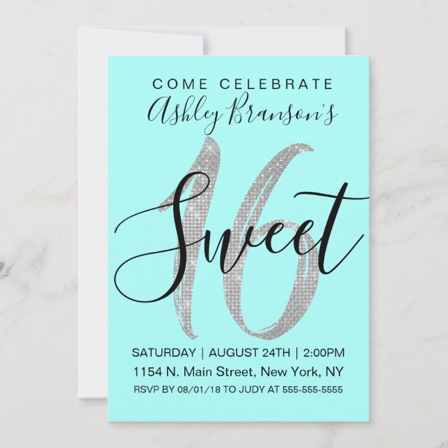 Elegant Teal Silver Sequin Glitter Sweet 16 Invitation (Front)