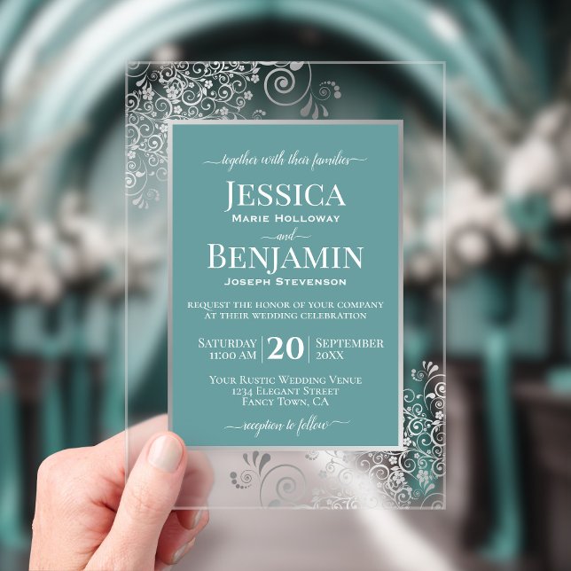 Elegant Teal & Silver Stylish Text Glam Wedding Acrylic Invitations (Clear Acrylic with Rectangle Cut)