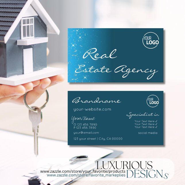 Elegant Teal Sparkle Chic Glitter Stars with Logo Business Card (Creator Uploaded)