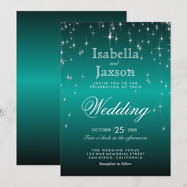 Elegant Teal Star Lights Wedding Invitation (Front/Back)