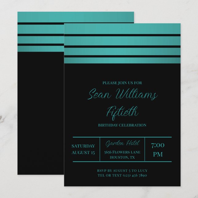 Elegant Teal Stripes Masculine Birthday Invitation (Front/Back)
