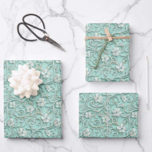 Elegant teal swirl flower pattern  wrapping paper sheet (Front)
