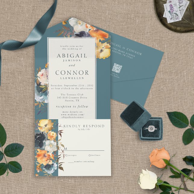 Elegant Teal Terracotta Navy Boho Floral All In On All In One Invitation (Creator Uploaded)