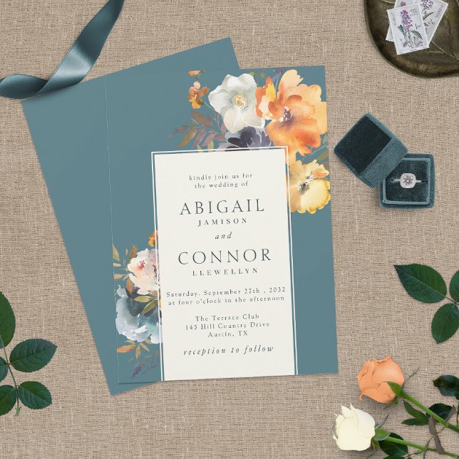 Elegant Teal Terracotta Navy Boho Floral Invitation (Creator Uploaded)