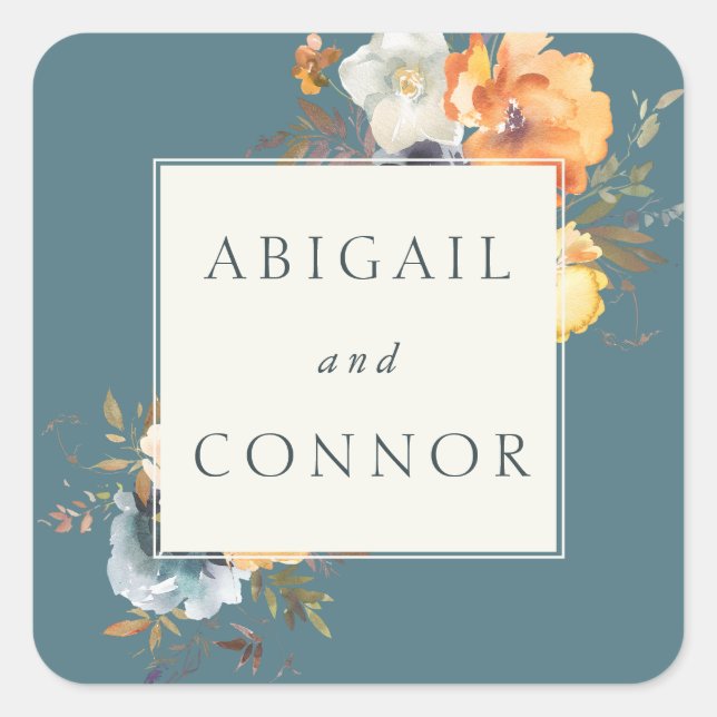 Elegant Teal Terracotta Navy Boho Floral Square Sticker (Front)