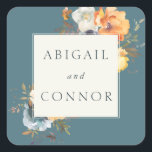 Elegant Teal Terracotta Navy Boho Floral Square Sticker<br><div class="desc">Elements: bold florals on a teal background.  Your names and details are framed in a classic cream tone.   Colours: teal,  green,  navy,  cream,  terracotta,  orange,  gold,  dusty blue. Themes: cool neutrals,  classic,  contemporary,  boho,  bohemian,  botanical,  garden. Collection: Elegant Teal Terracotta Navy Boho Floral Wedding Collection. Product Type: Names Sticker</div>