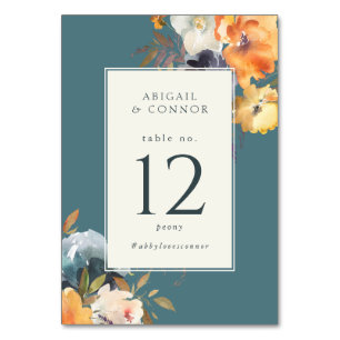 Elegant Teal Terracotta Navy Boho Floral Table Number