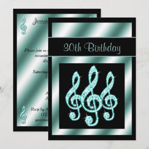 Elegant, Teal Treble Clefs 30th Birthday Invitation