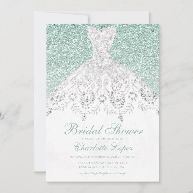 Elegant Teal Turquois Glitter Dress Bridal Shower Invitation (Front)