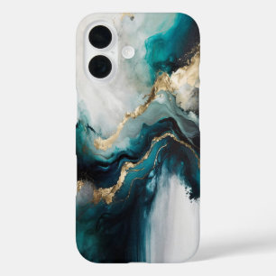 Elegant Teal Turquoise & Gold Marble Stone iPhone 16 Case