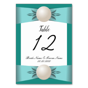 Elegant Teal & Turquoise Pearl Ribbon Wedding Table Number