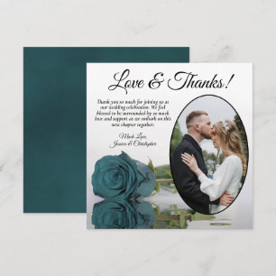 Elegant Teal Turquoise Rose Oval Photo Wedding Thank You Card