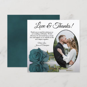 Elegant Teal Turquoise Rose Oval Photo Wedding Thank You Card