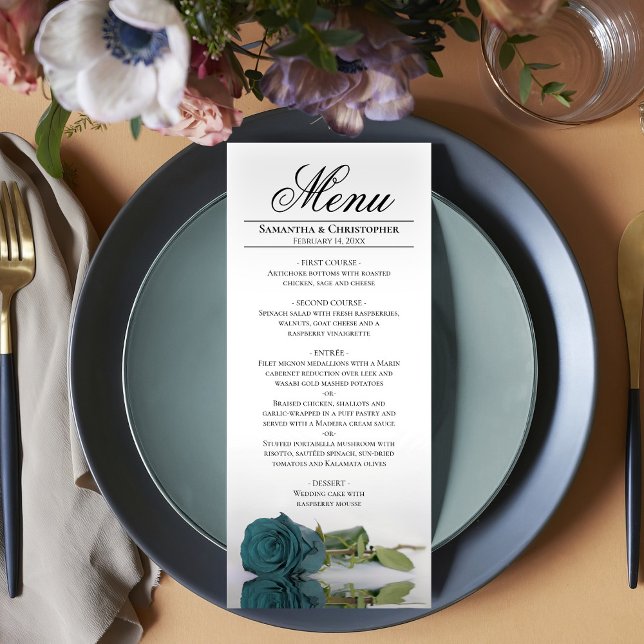 Elegant Teal Turquoise Rose Reflections Wedding Menu (In Situ on Plate)
