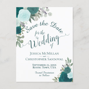 Elegant Teal Turquoise Roses Wedding Save the Date Announcement Postcard