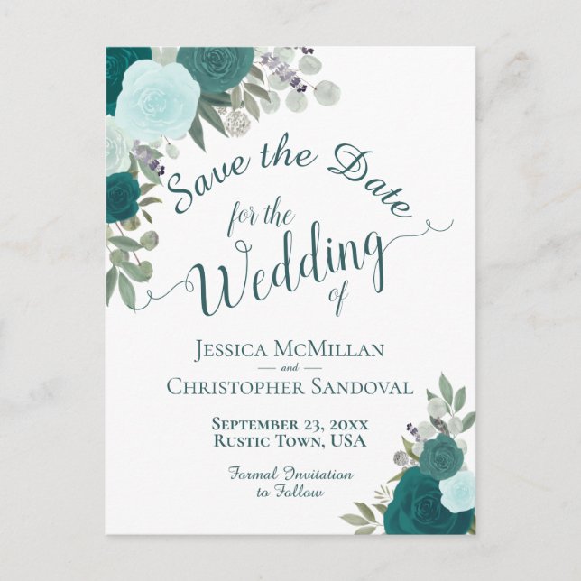 Elegant Teal Turquoise Roses Wedding Save the Date Announcement Postcard (Front)