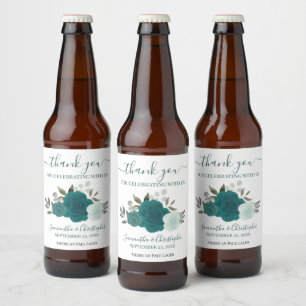 Elegant Teal & Turquoise Roses Wedding Thank You Beer Bottle Label