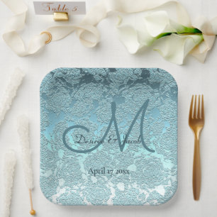Elegant Teal Turquoise Wedding Reception Monogram Paper Plate