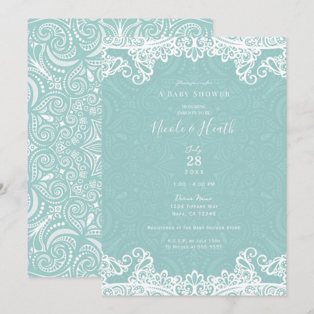 Elegant Teal Turquoise White Lace Baby Shower   Invitation (Front/Back)