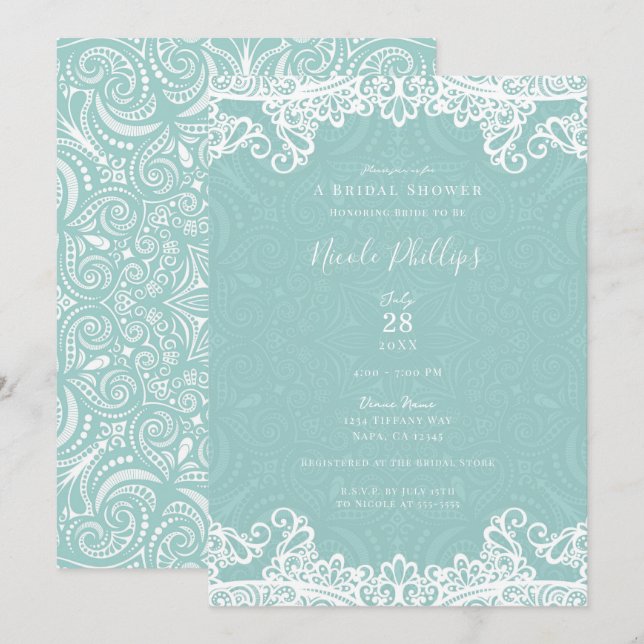 Elegant Teal Turquoise White Lace Bridal Shower   Invitation (Front/Back)