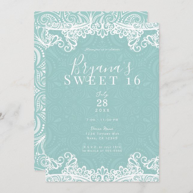 Elegant Teal Turquoise White Lace Sweet 16 Party  Invitation (Front/Back)