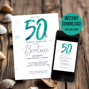 Elegant Teal Watercolor 50th Birthday Party Invitation