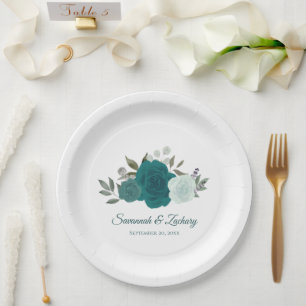 Elegant Teal Watercolor Boho Chic Roses Wedding Paper Plate