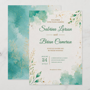 Elegant Teal Watercolor Botanical Gold Wedding Invitation