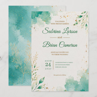 Elegant Teal Watercolor Botanical Gold Wedding Invitation